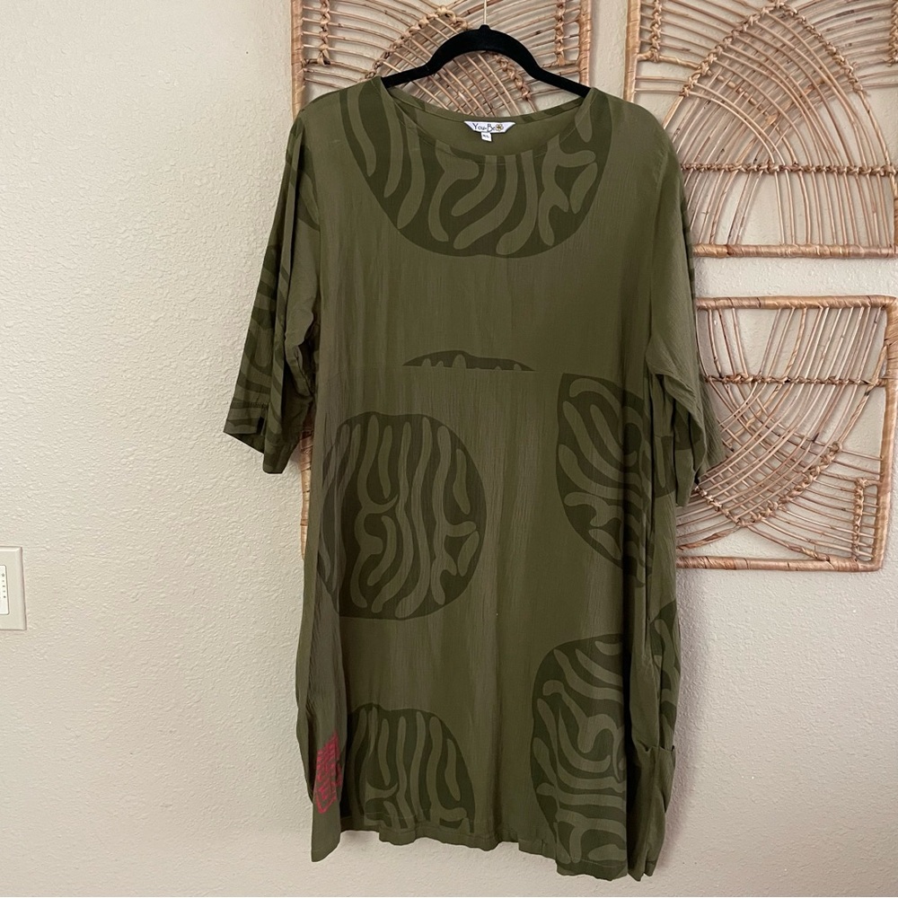 You-Be Asian Dress Lagenlook Coastal Artsy Beachy Art To Wear‎ Green Sz M/L B3